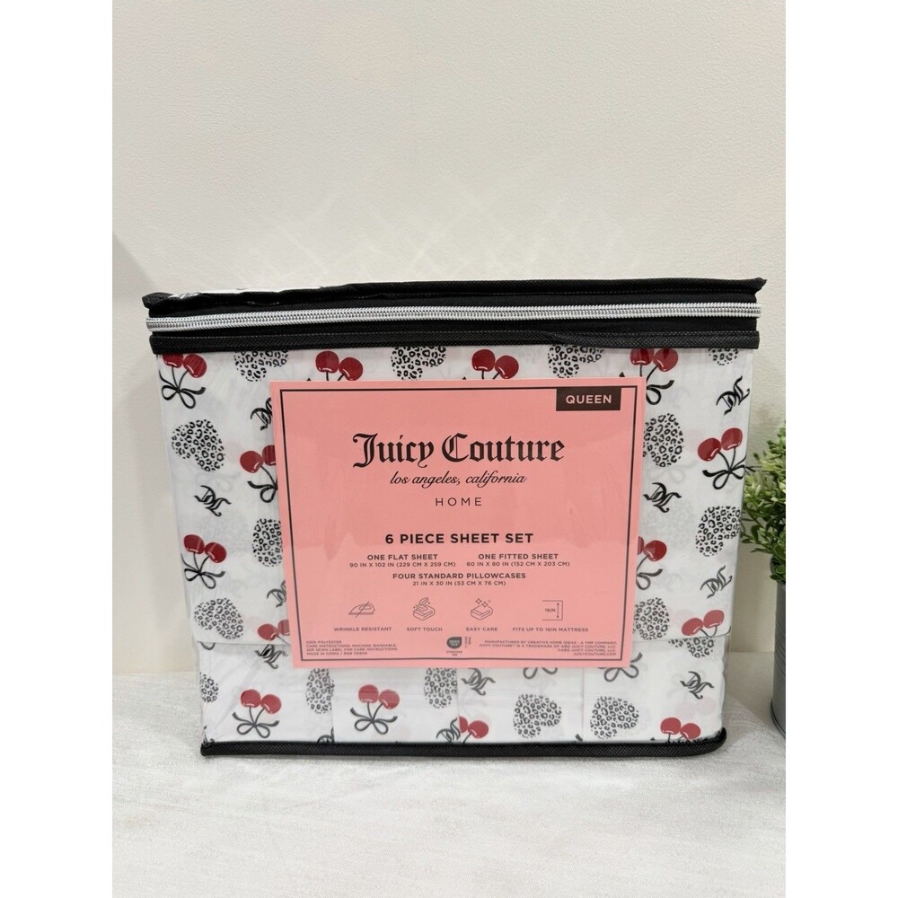 Juicy Couture Queen 6 Piece Sheet Set Cherry Leopard Heart White Black Red